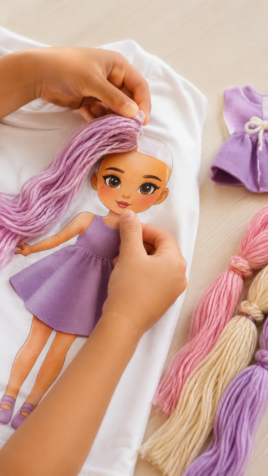 Cabelo de lã sendo encaixado na camiseta Madeixa, ao lado de vestidos e cabelos coloridos
